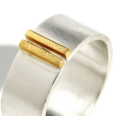 Silver and Gold Wide Double Bar Band Ring
