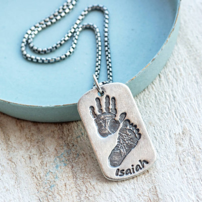 Personalised Mens Dog Tag Necklace w/ 2 Pendants - Handprint & Footprint Design