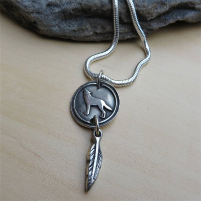 Sterling Silver Howling Wolf Moon Pendant Necklace