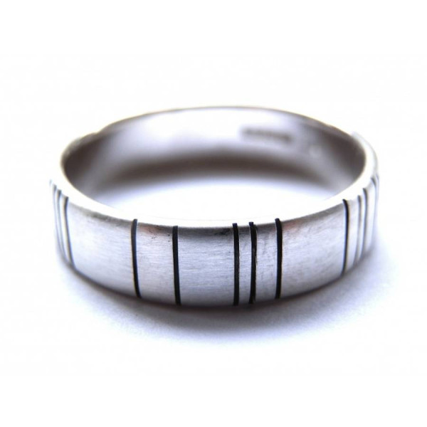 Mens Silver Oxidized Ring with Barcode Accent