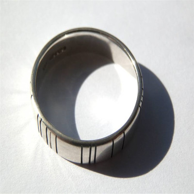 Mens Silver Oxidized Ring with Barcode Accent