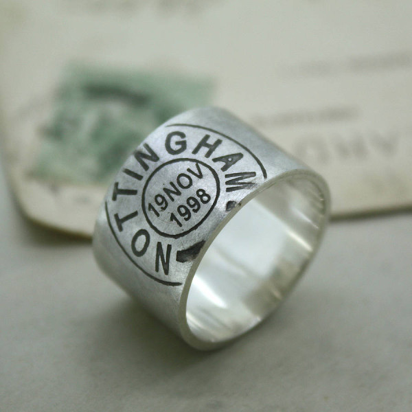 Mens Custom Engraved Place and Date Ring