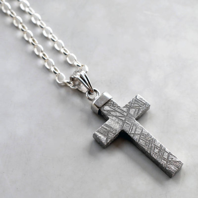 Silver Cross Necklace with Genuine Meteorite Inlay