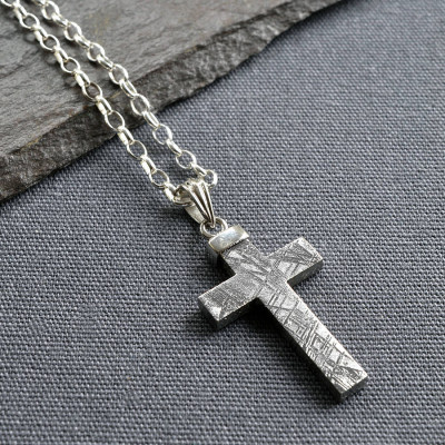 Silver Cross Necklace with Genuine Meteorite Inlay