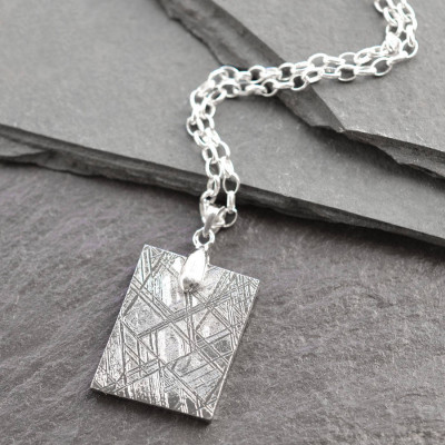 Silver Tag Necklace with Meteorite Accents - 18 Inches