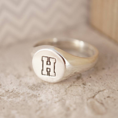 Custom Silver Initial Signet Ring with Engraved Monogram