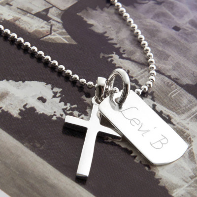 Personalised Sterling Silver Cross & Dog Tag Necklace
