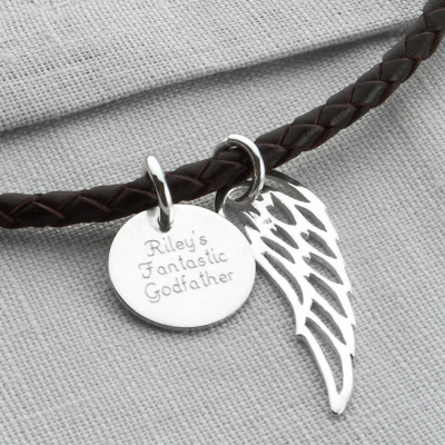 Custom Silver Wing & Disc Leather Necklace