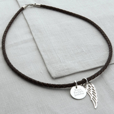 Custom Silver Wing & Disc Leather Necklace