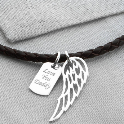 Custom Silver Wing & Dog Tag Leather Pendant Necklace