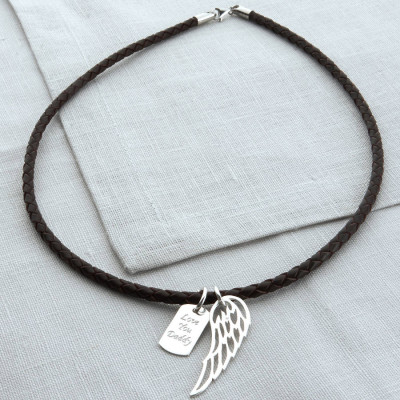 Custom Silver Wing & Dog Tag Leather Pendant Necklace