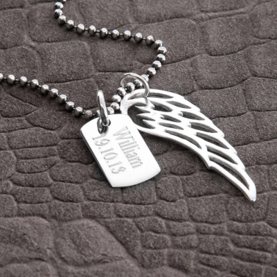 Personalised Sterling Silver Wing and Dog Tag Necklace