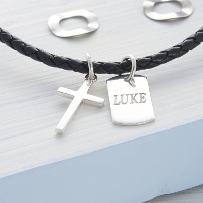 Custom Silver Cross with Engraved Tag on Leather Necklace