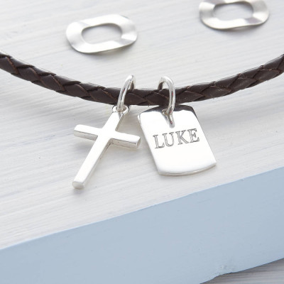 Custom Silver Cross with Engraved Tag on Leather Necklace