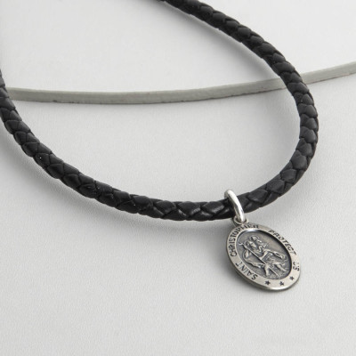 Mens Custom Woven Leather St. Christopher Necklace