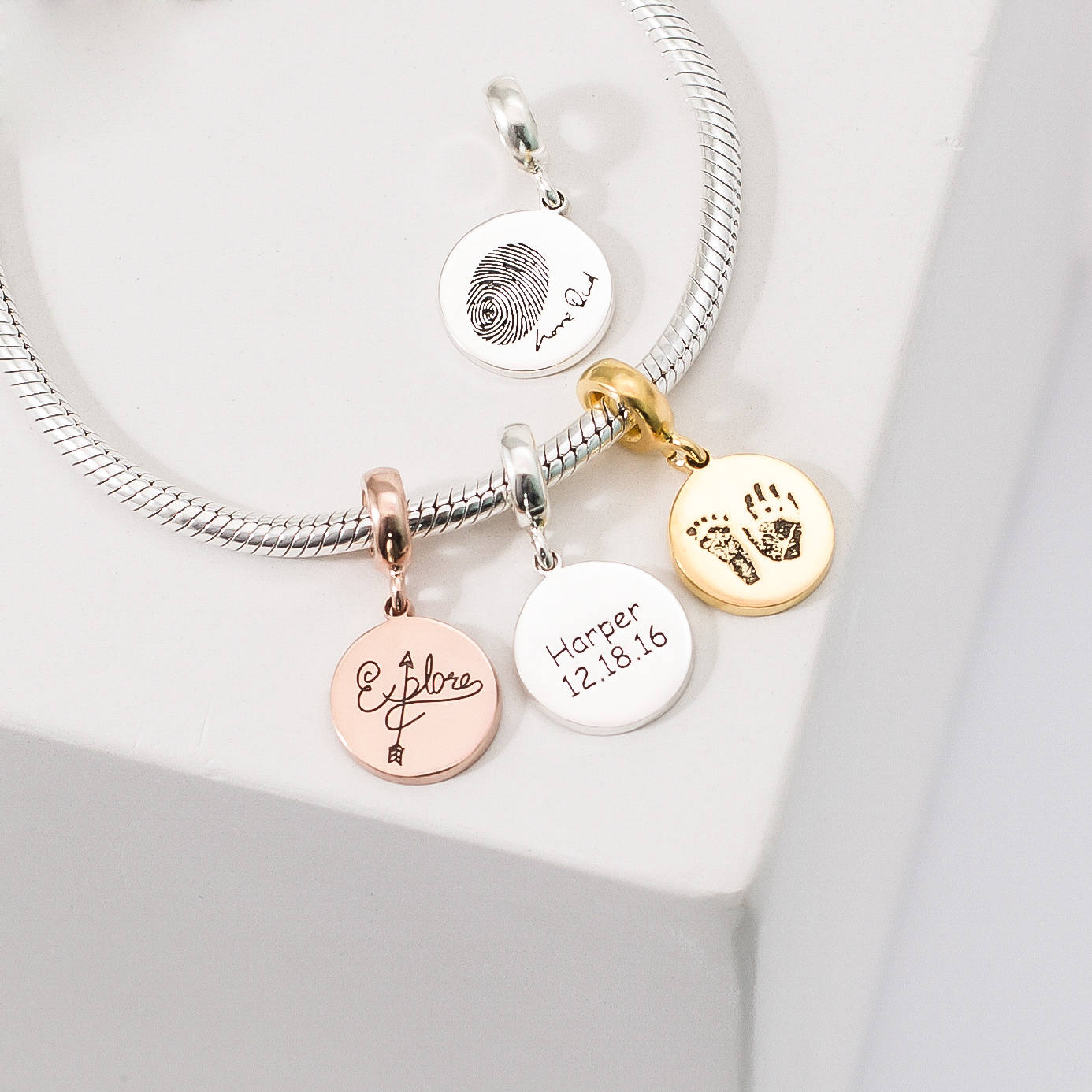Personalised Fingerprint Charms & Name Beads - Silver Handwriting Jewellery - New Mum Gift