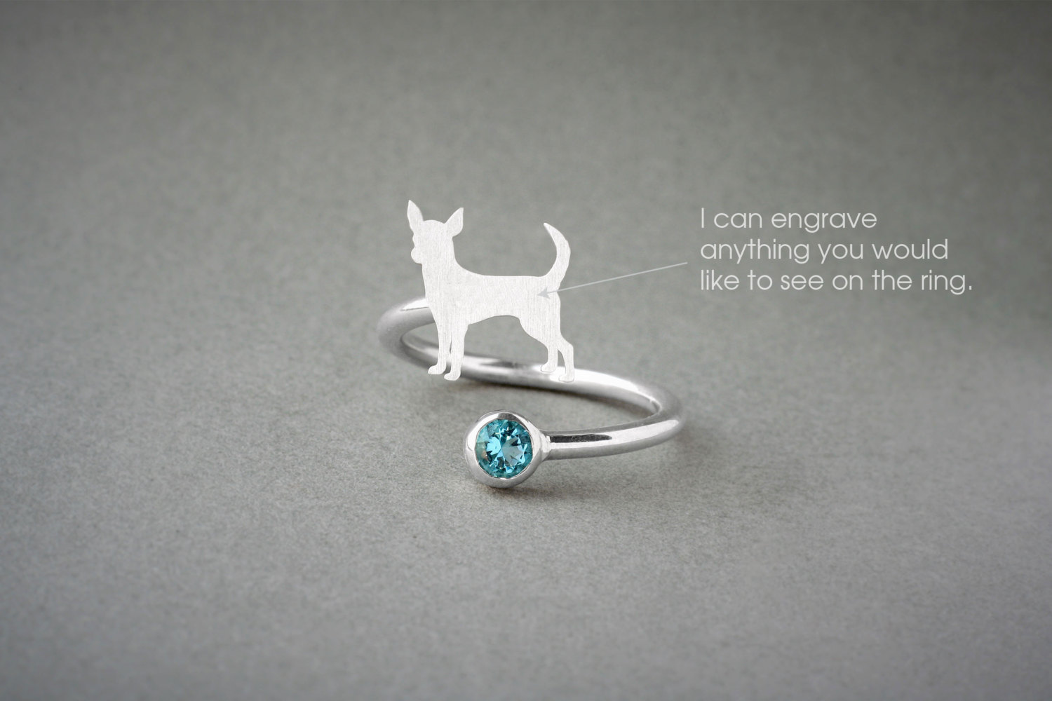 Sterling Silver, Gold Plated, or Rose Plated Chihuahua Birthstone Ring - Adjustable Spiral Dog Ring