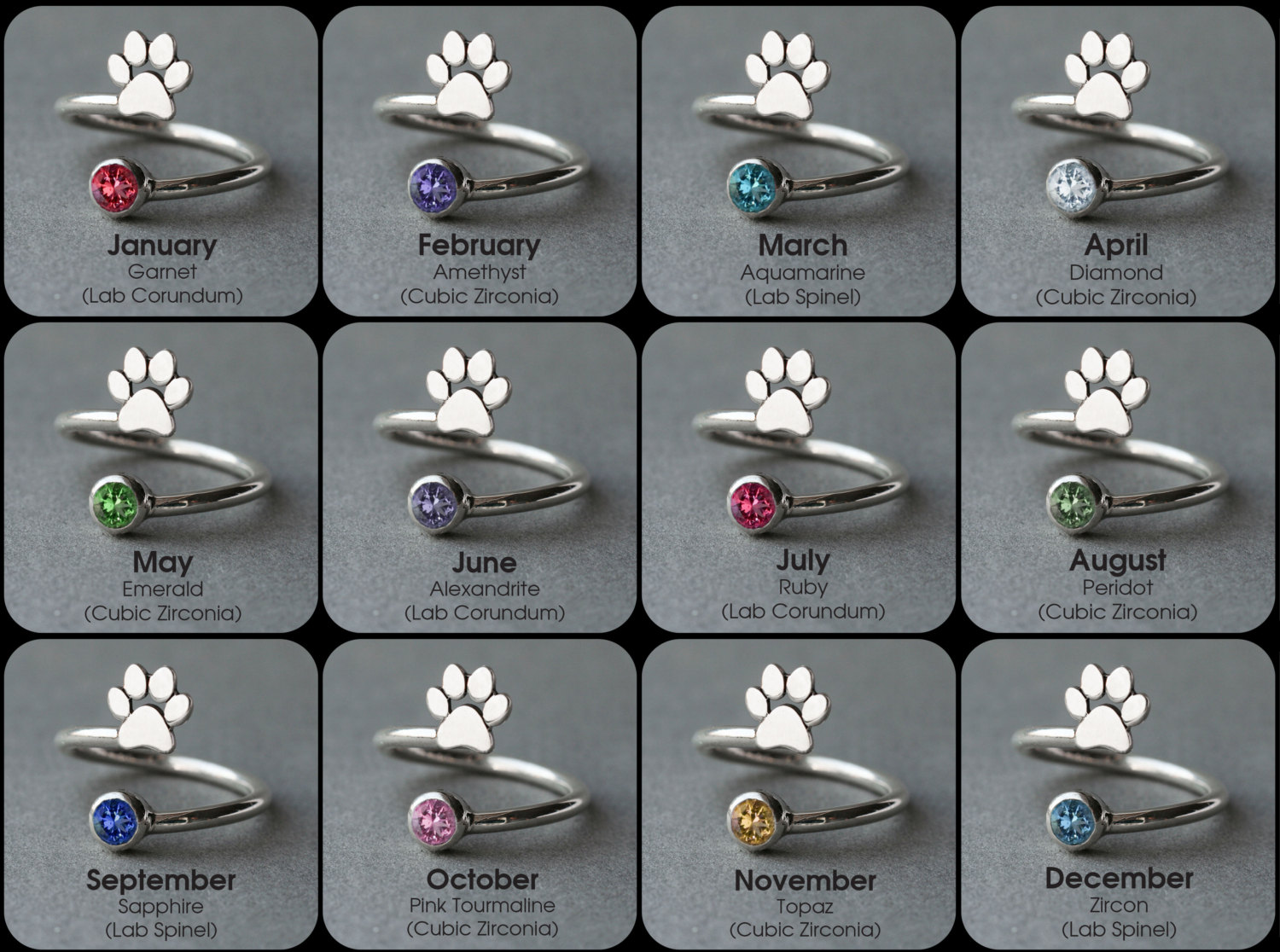 Sterling Silver, Gold Plated, or Rose Plated Chihuahua Birthstone Ring - Adjustable Spiral Dog Ring