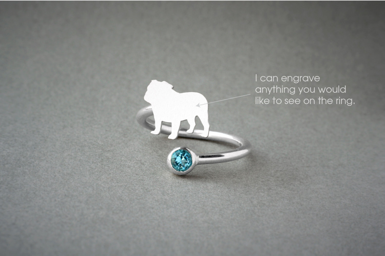 Adjustable English Bulldog Birthstone Ring / Birthstone Ring with Spiral Design / Dog Jewellery Gift
