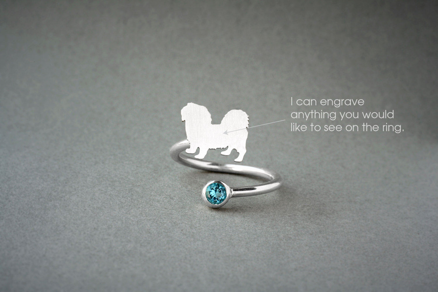 Adjustable Spiral Pekingese Birthstone Ring - Dog Lover Jewellery