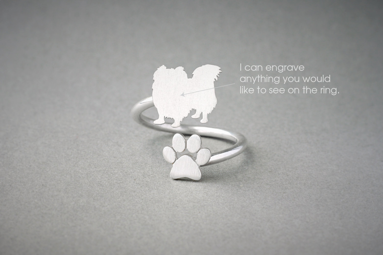 Adjustable Dog Paw Ring - Silver, Gold or Rose Plated Pekingese and Paw Design