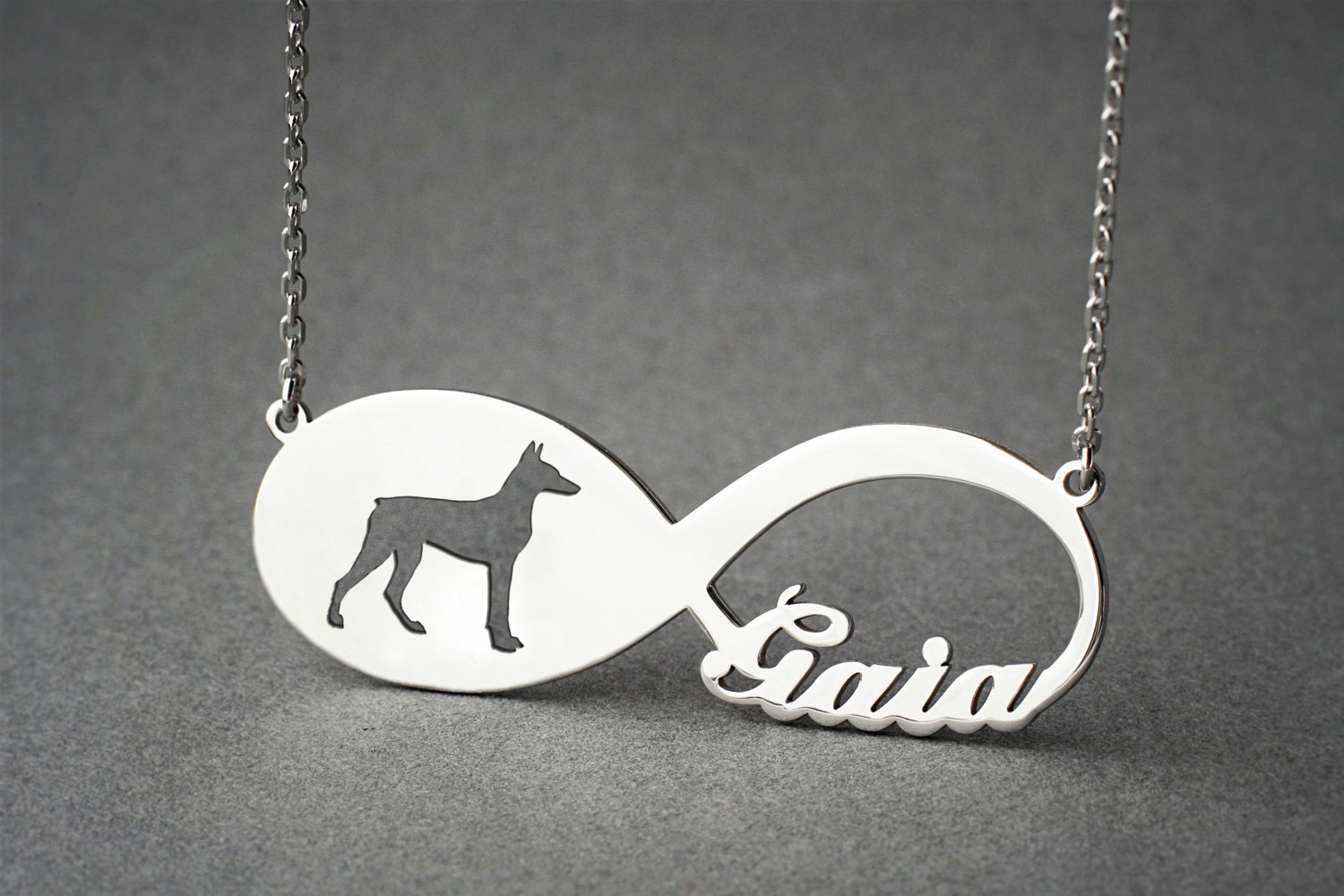 Customised INFINITY DOBERMAN Dog Name Memorial Pendant Necklace - Personalised Gift for Pet Lovers
