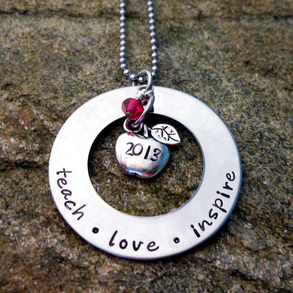 Personalised Teacher Necklace with Apple Charm - Hand Stamped Jewellery for Inspiring and Loving Educators - Teacher Birthday Gift