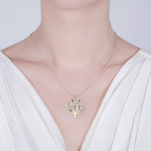 Personalised Sterling Silver Family Tree Necklace with Birthstones Gift