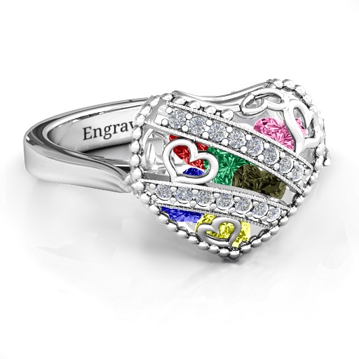 Stunning Caged Sparkling Heart Ring with Ski Tip Band
