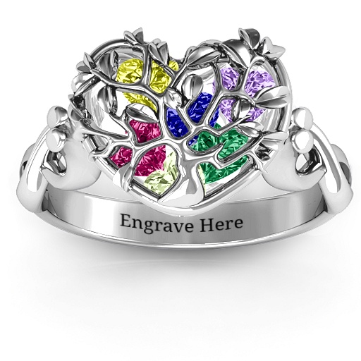 Sterling Silver Family Tree Ring with Infinity Band and 2 Caged Hearts