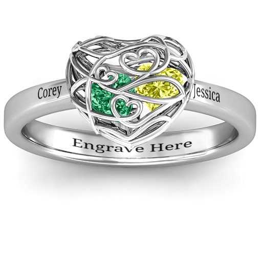 Petite Caged Hearts Engagement Ring with Classic Band