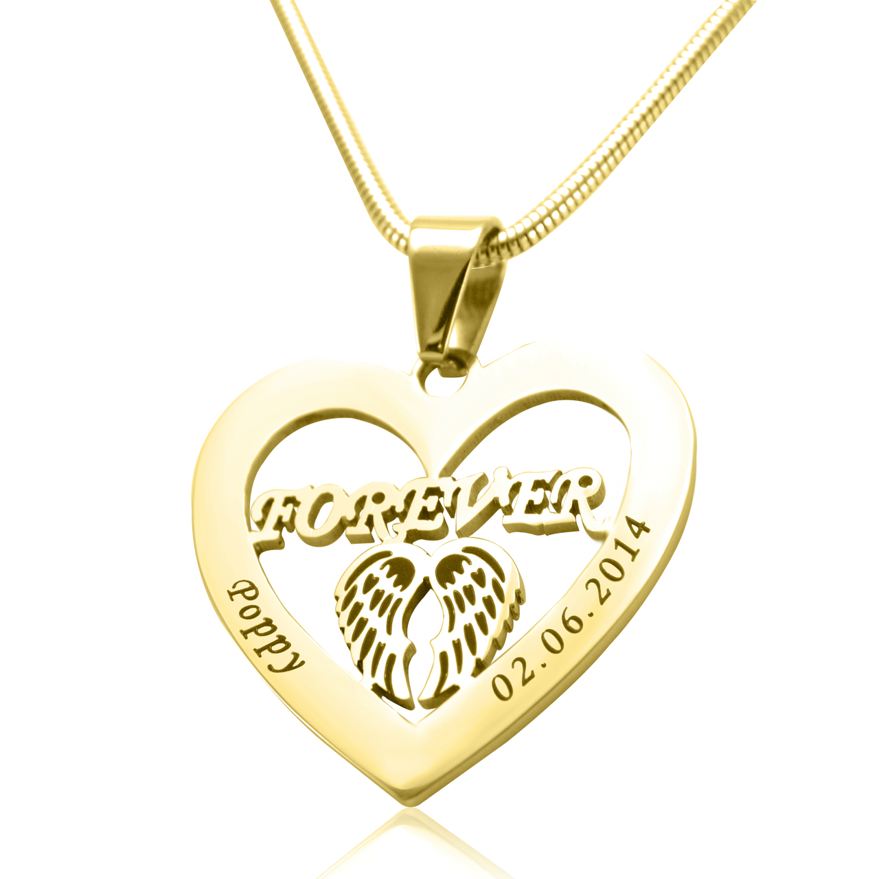 Personalised Heart and Angel Pendant Necklace - 18K Gold Plated