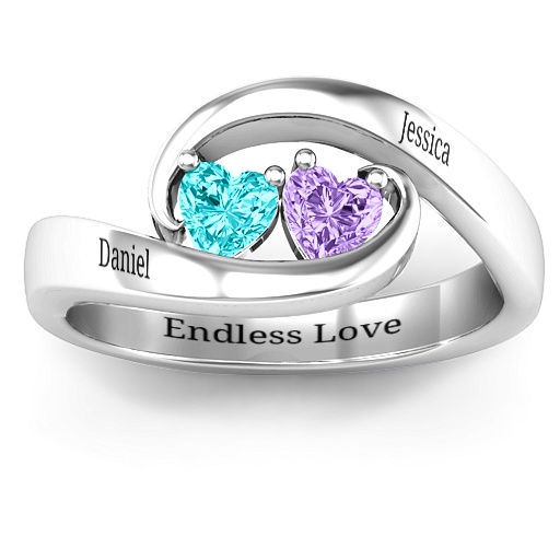 Sterling Silver Love Ring with Two Interlocking Hearts