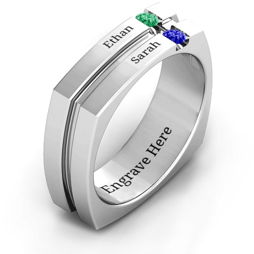 Men's Square-Shaped Gemstone Crevice Groove Ring