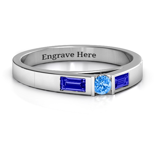 Sterling Silver Solitaire Ring w/ Baguette Accent Stones