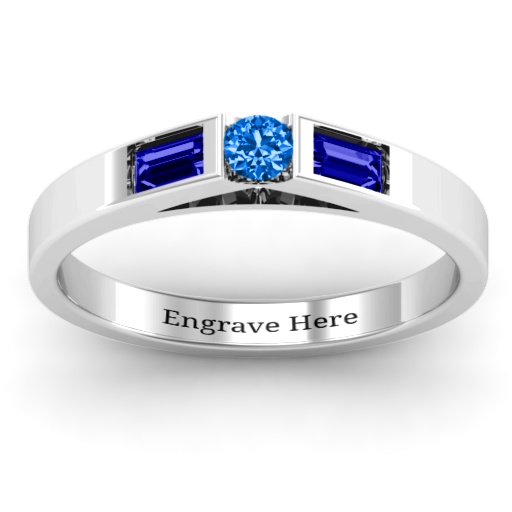 Sterling Silver Solitaire Ring w/ Baguette Accent Stones