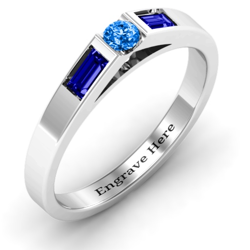 Sterling Silver Solitaire Ring w/ Baguette Accent Stones