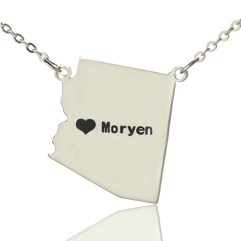 Personalised Arizona State-Shaped Pendant Necklace with Heart & Name in Silver