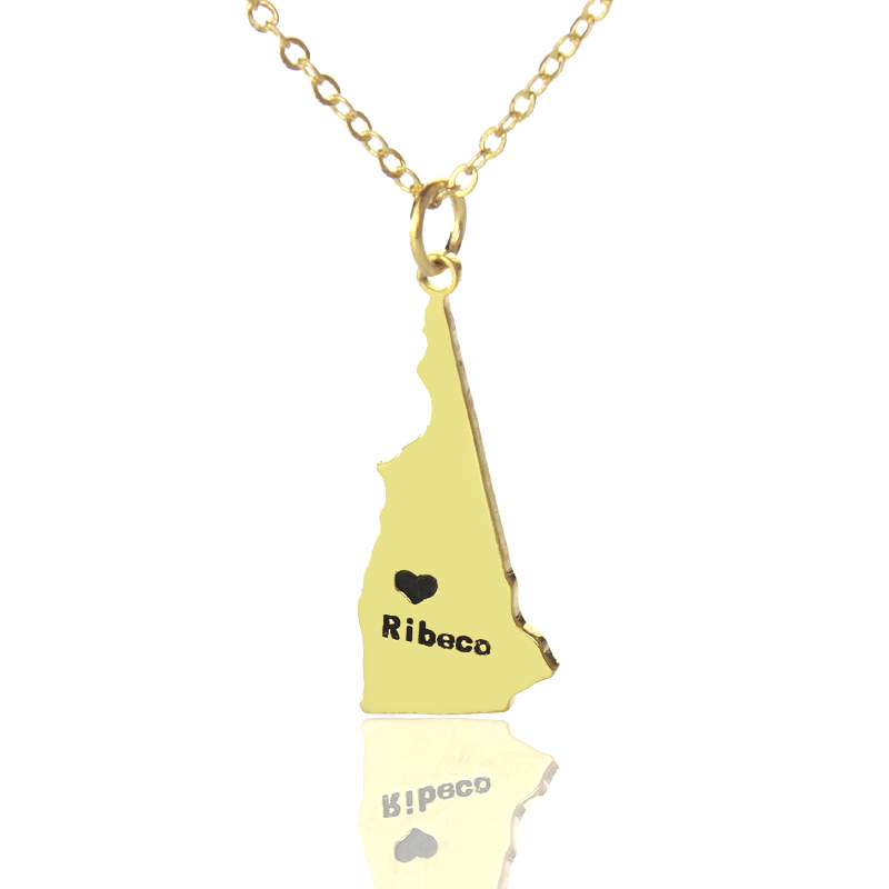 Personalised Custom State Shaped Necklace with Gold Heart and Name Engraving - New Hampshire