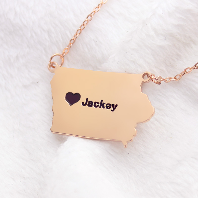Rose Gold Iowa State Map Necklace with Heart Charm