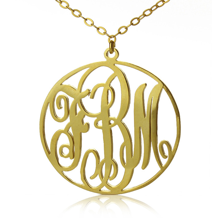 18ct Solid Gold Circle Initial Monogram Necklace with Vine Font