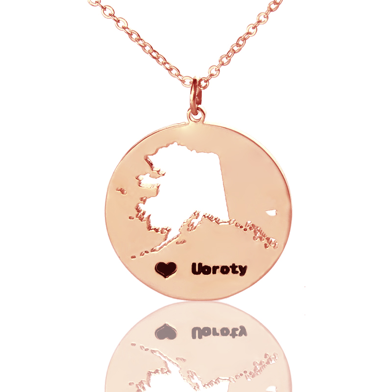 Personalised Alaska Disc State Pendants with Heart and Name - Rose Gold