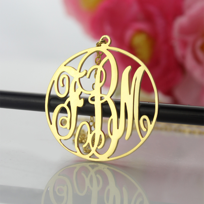 18ct Solid Gold Circle Initial Monogram Necklace with Vine Font