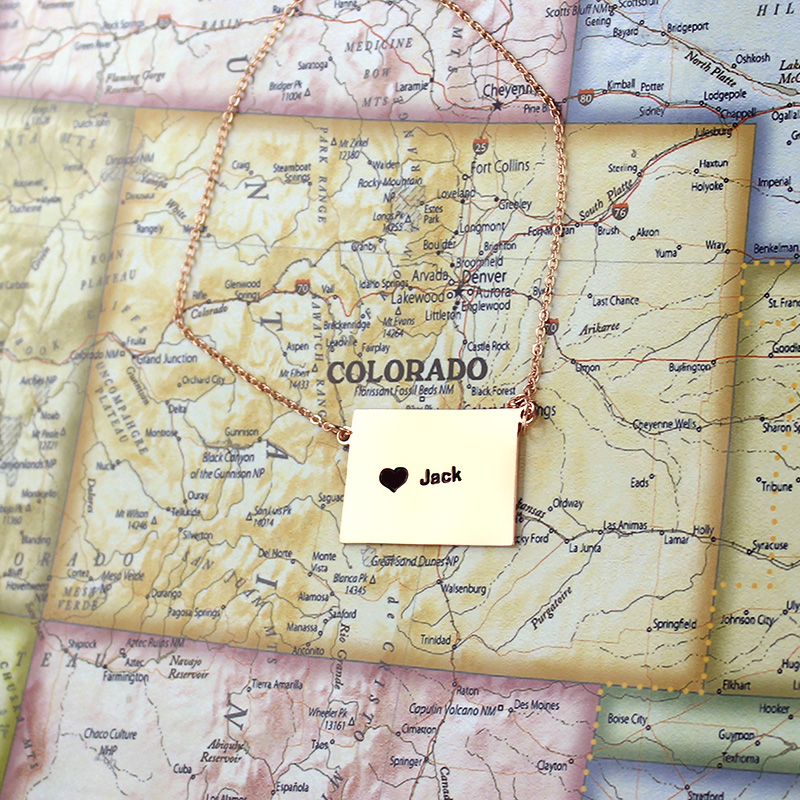 Rose Gold Custom State Necklace with Colorado-Shaped Heart and Name