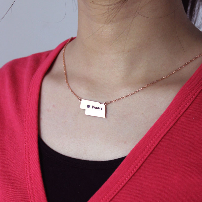 Rose Gold Custom Nebraska State Necklace with Heart Cut Out