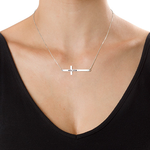 Personalised Silver Sideways Cross Necklace with Engraving