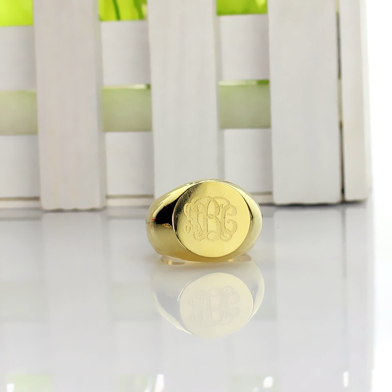 Personalised Circle Monogram Signet Ring 18k Gold Plated with Custom Engraving