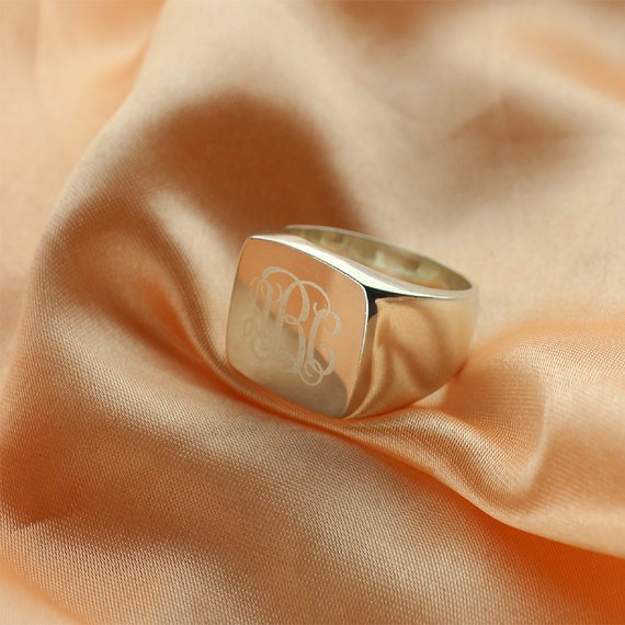 Personalised Square Monogram Sterling Silver Ring with Engraved Design