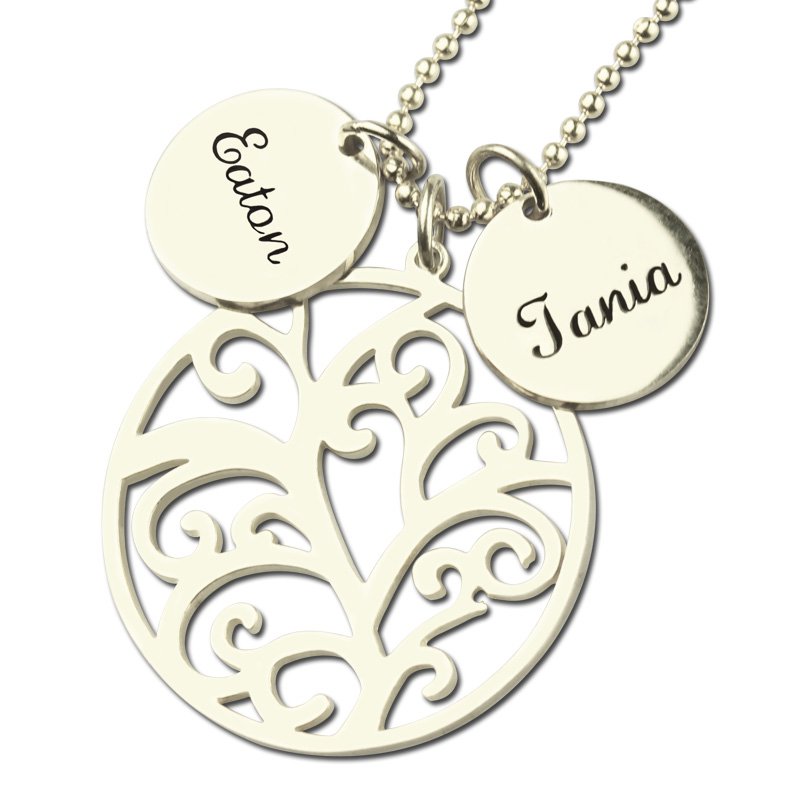 Personalised Silver Family Tree Necklace with Custom Name Engraved Charm