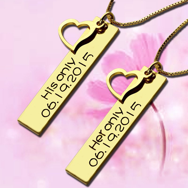 18ct Gold Plated Custom Name & Date Couples Bar Necklace